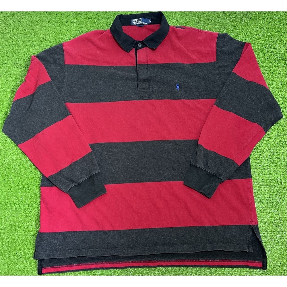 Vintage 90s Polo Ralph Lauren XL Red Black Striped Rugby Polo Purple Pony EUC